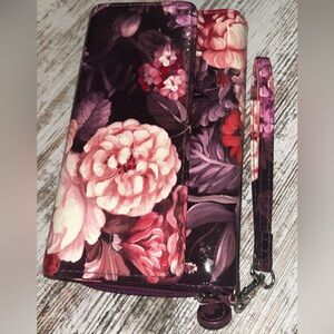 Floral Wristlet Wallet in Deep Plum and Pink safe keeper